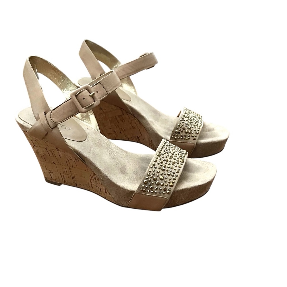 Nine West Wedge Cork Platform Heel Sandals Rhinestones Ankle Strap Sz 7.5 M